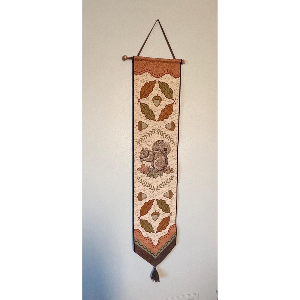 Vintage Tapestry Bell Pull Acorn Squirrel Fall Leaves 9” x 40”